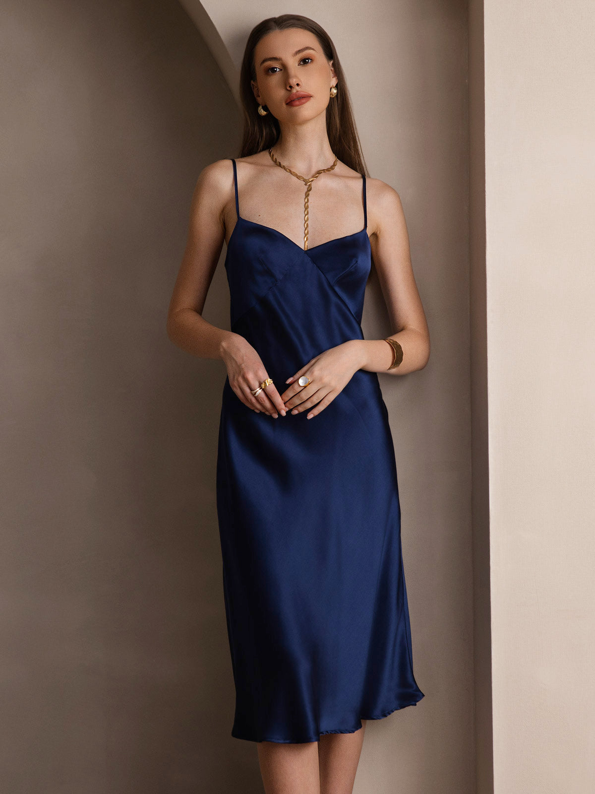 [Dark Blue] SilkSilky-UK 19Momme Pure Silk V Neck Dress 004