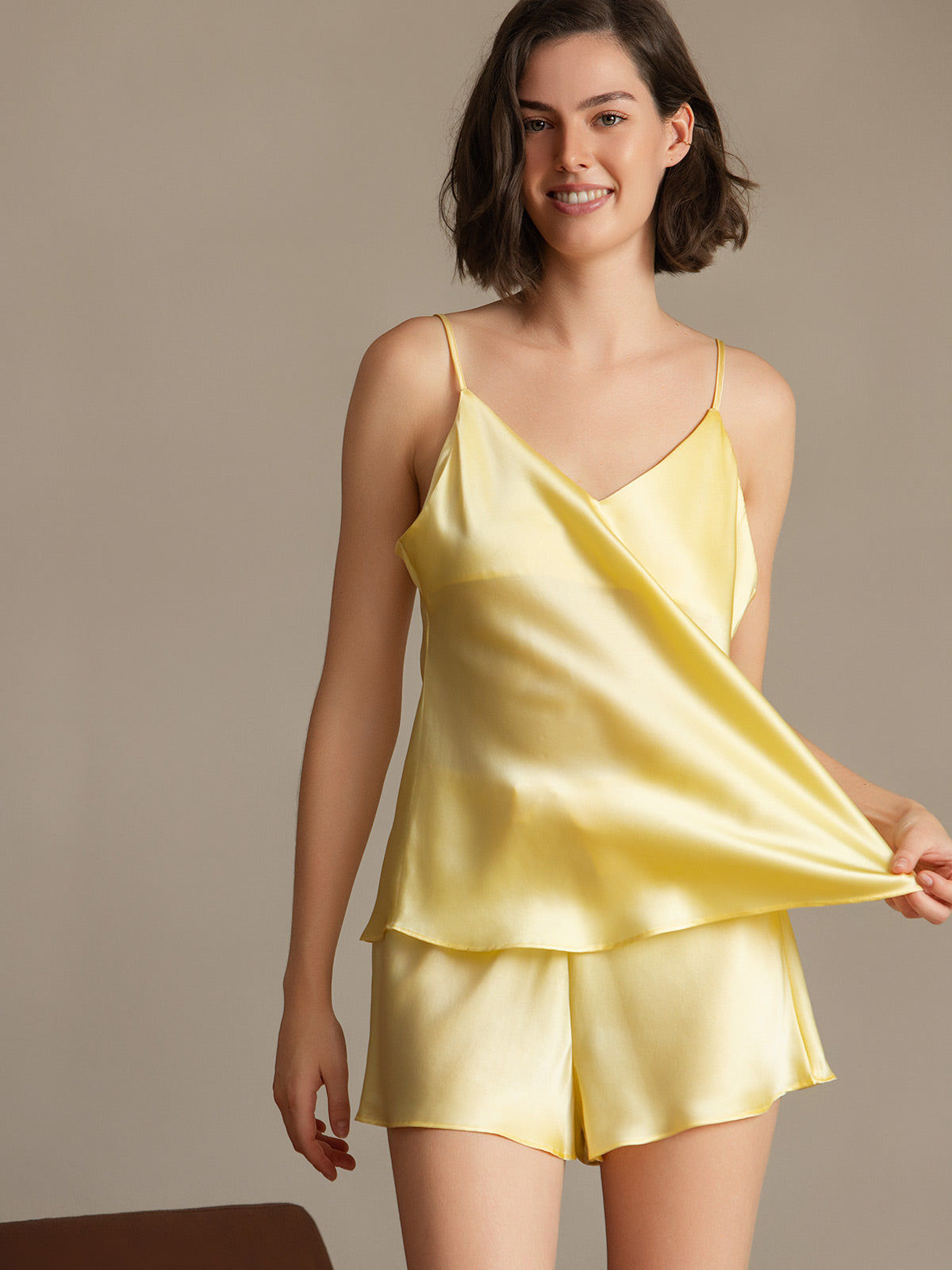 [Light Yellow] SilkSilky-UK Spaghetti Strap V Neck Camisole Set 001