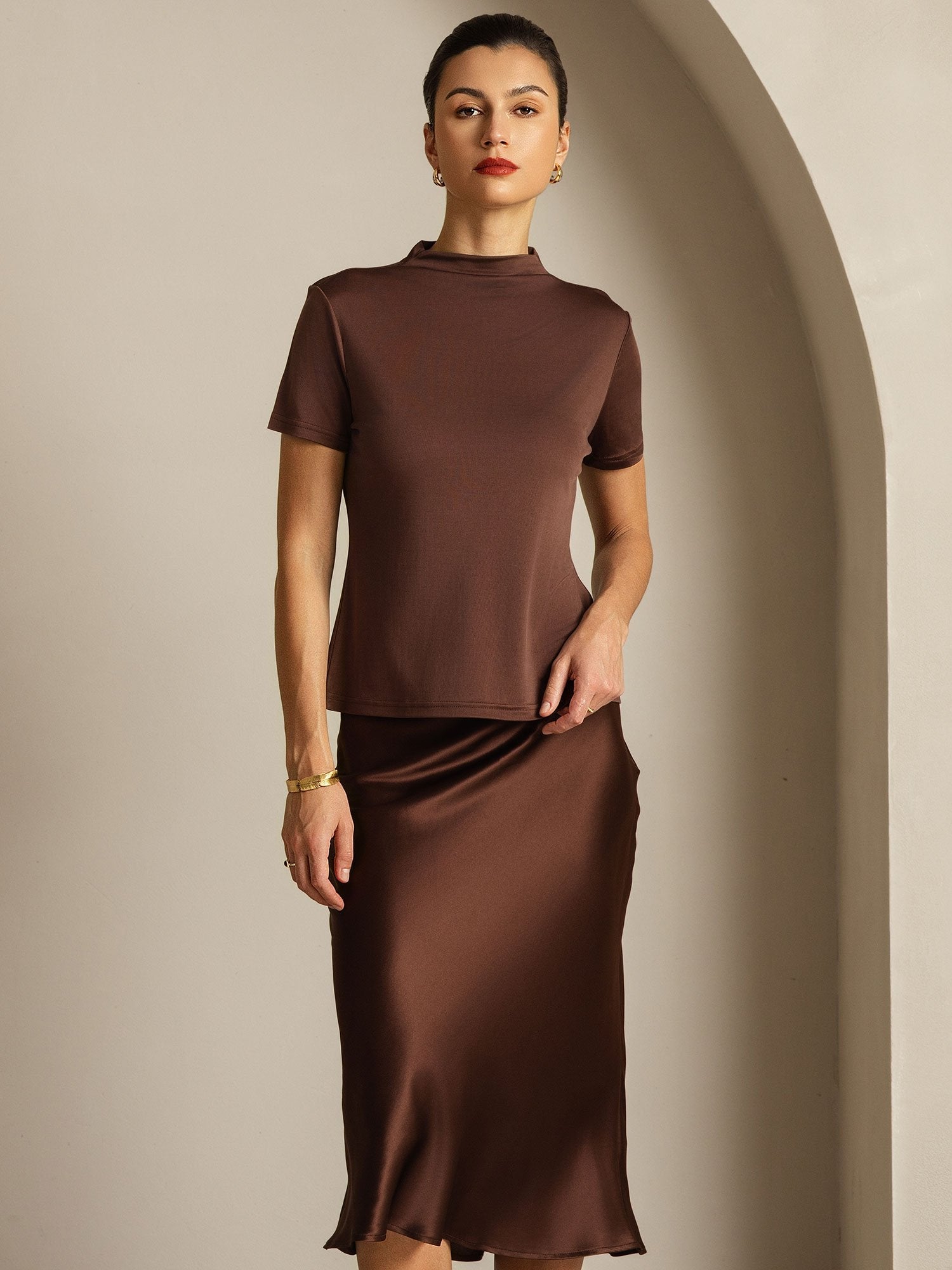 [Coffee] SilkSilky-UK Pure Silk Collar Women's T-Shirt 009