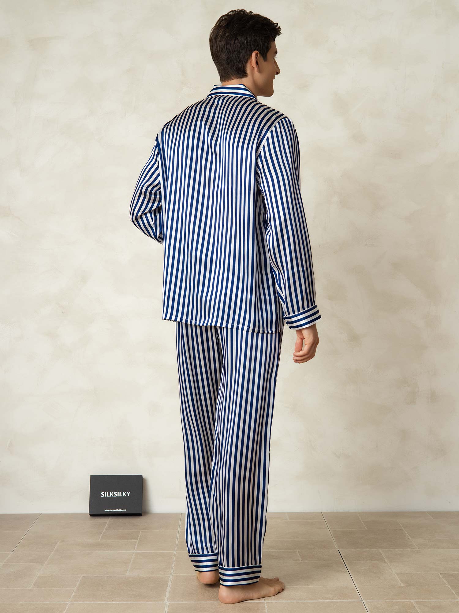 [Navy Stripe] SilkSilky-UK 19Momme Pure Silk Mens Pajamas 002