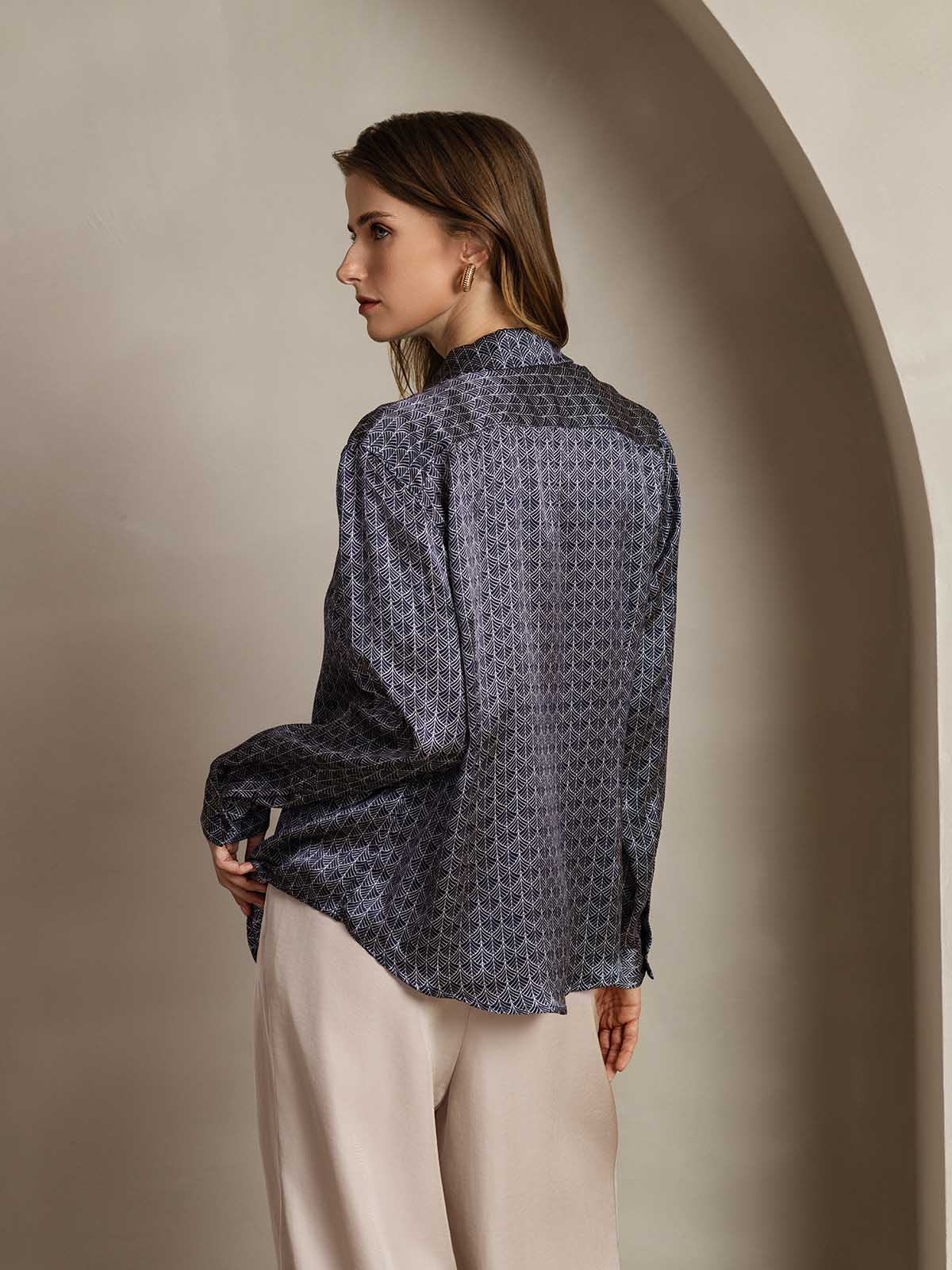[Navy Ginkgo] SilkSilky-UK Silk Collar Women's Shirt 002