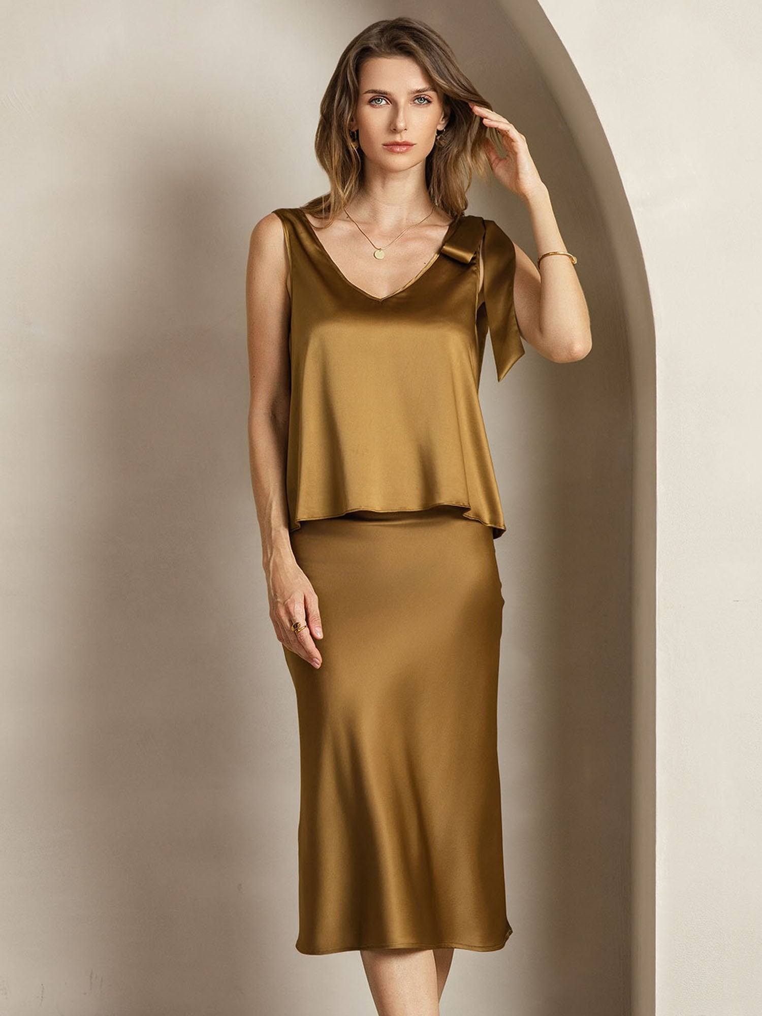[Bronze] SilkSilky-UK 19Momme Silk V Neck Women''s Outfit Sets 004