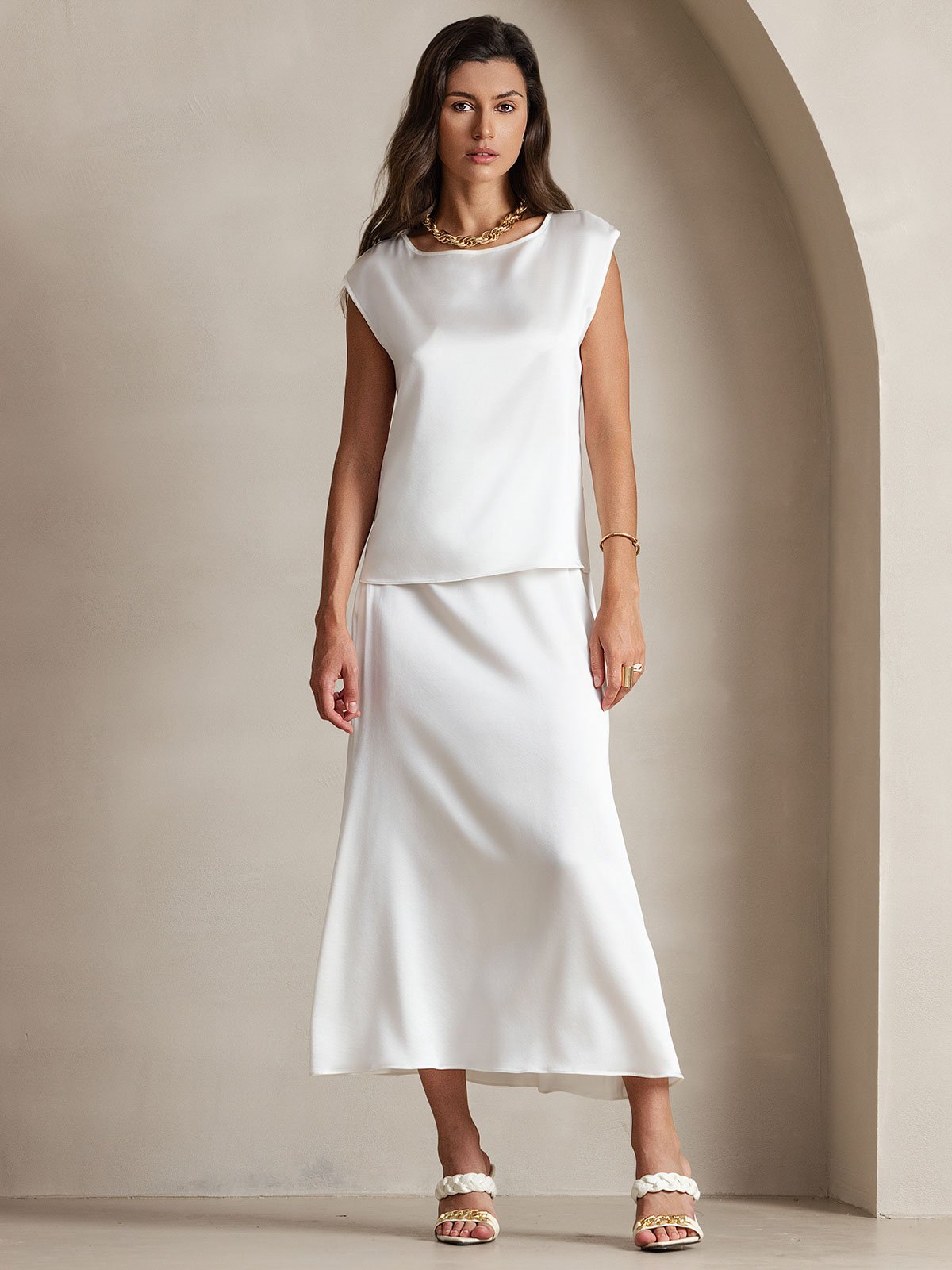 [White] SilkSilky-UK 19Momme Silk Round Neck Women's T-Shirt 001