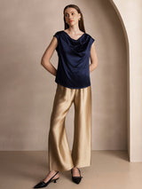 [Dark Blue] SilkSilky-UK Cap Sleeve Cowl Neck Women's T-Shirt 008