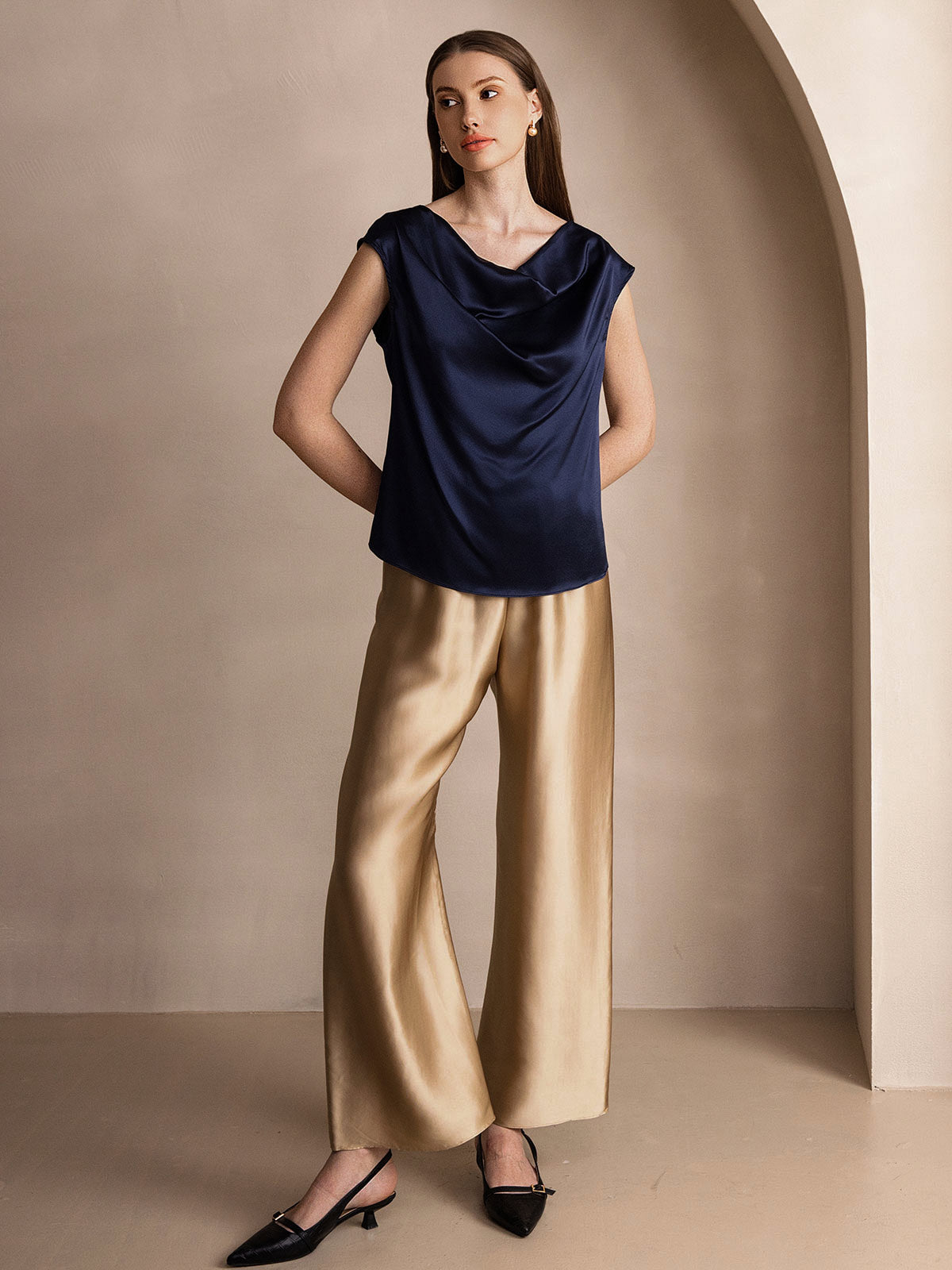 [Dark Blue] SilkSilky-UK 19Momme Silk Cap Sleeve Cowl Neck Women's T-Shirt 008