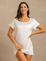 [White] SilkSilky-UK 19Momme Machine-Washable Silk Short Sleeve Round Neck Nightdress 007