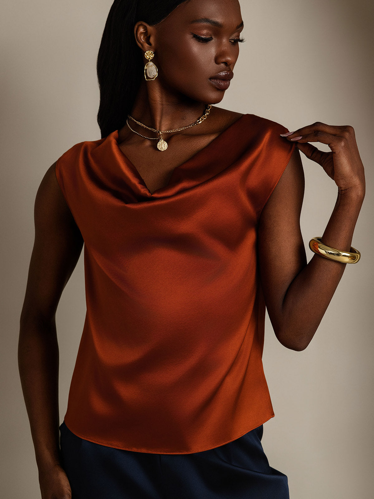 [Caramel] SilkSilky-UK 19Momme Silk Cap Sleeve Cowl Neck Women's T-Shirt 005