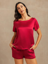 [Wine] SilkSilky-UK 19Momme Machine-Washable Silk Short Sleeve Round Neck Women's Pyjamas 001