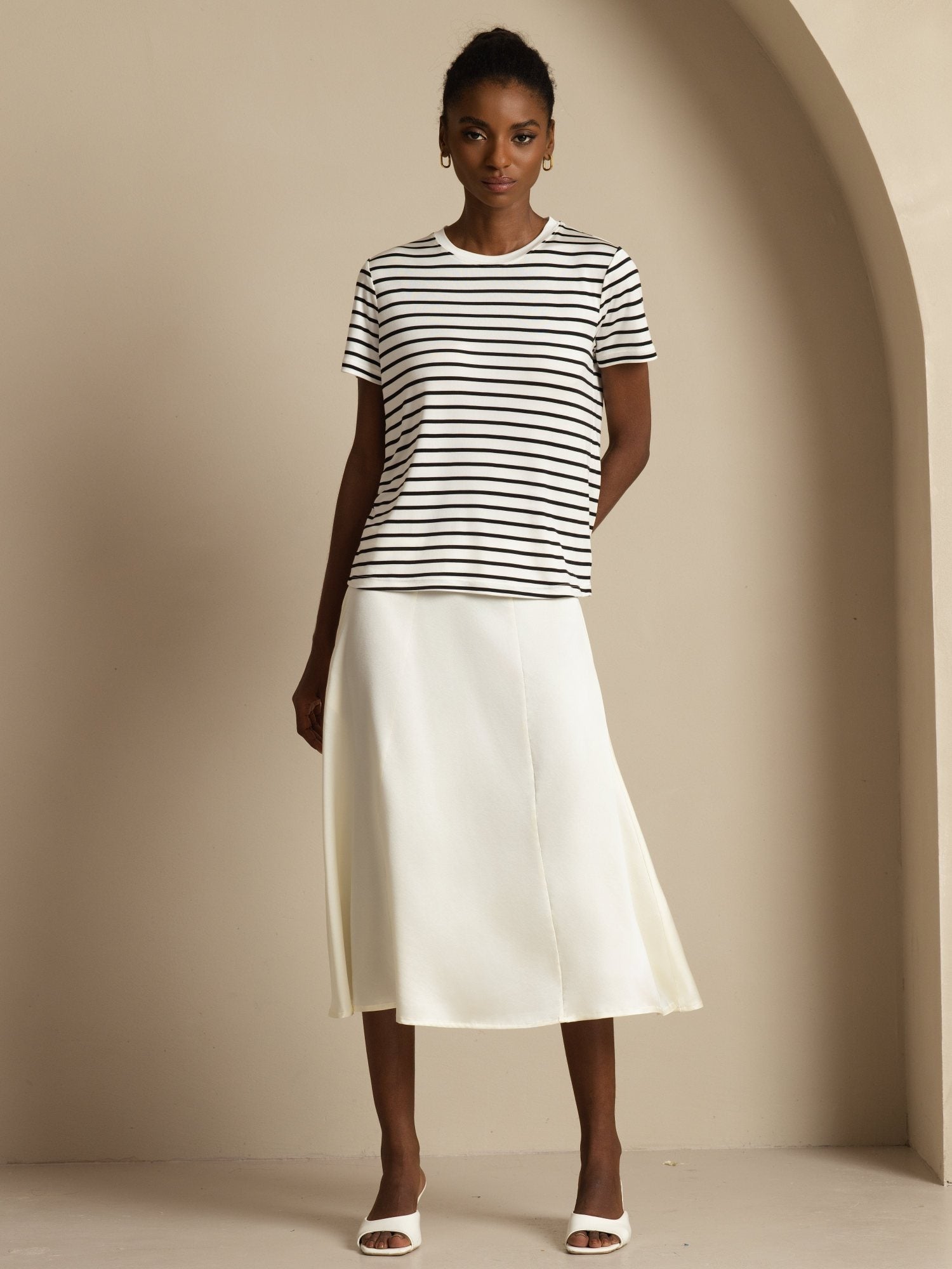 [Ivory] SilkSilky-UK 19Momme Stretch Silk Charmeuse Skirt 006
