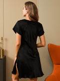 SilkSilky UK Pure Silk Short Sleeve Sweetheart Neck Nightdress Black 003