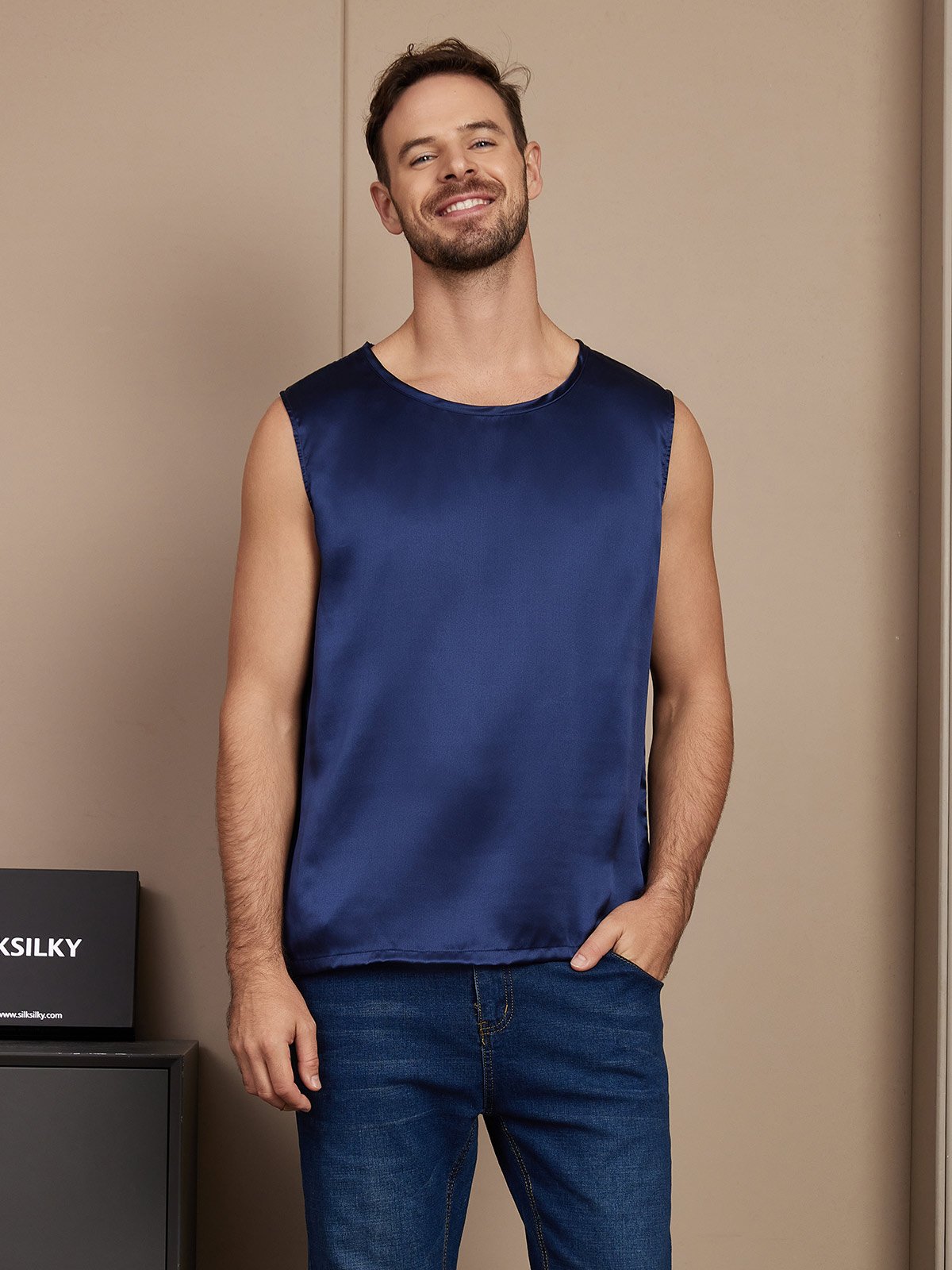 SilkSilky UK Pure Silk Sleeveless Mens T Shirt DarkBlue 001