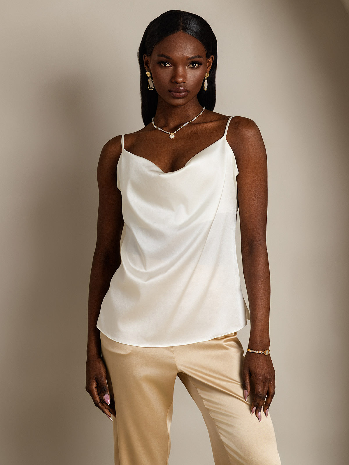 [White] SilkSilky-UK 19Momme Silk Cowl Neck Camisole 001