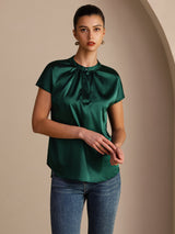 [Dark Green] SilkSilky-UK Short Sleeve Split Women's Blouse 003