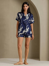 [Navy Cheetah] SilkSilky-UK Short Sleeve Notch Collar Women's Pyjamas 007