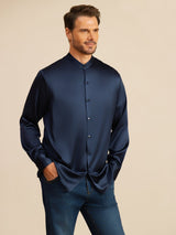 [Dark Blue] SilkSilky-UK Long Sleeve Stand Collar Men''s Shirt 006