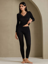 [Black] SilkSilky-UK Long Sleeve V Neck Women's Long Johns 004