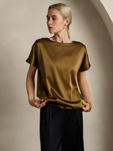 [Brown] SilkSilky-UK Short Sleeve Boat Neck Women's T-Shirt 004