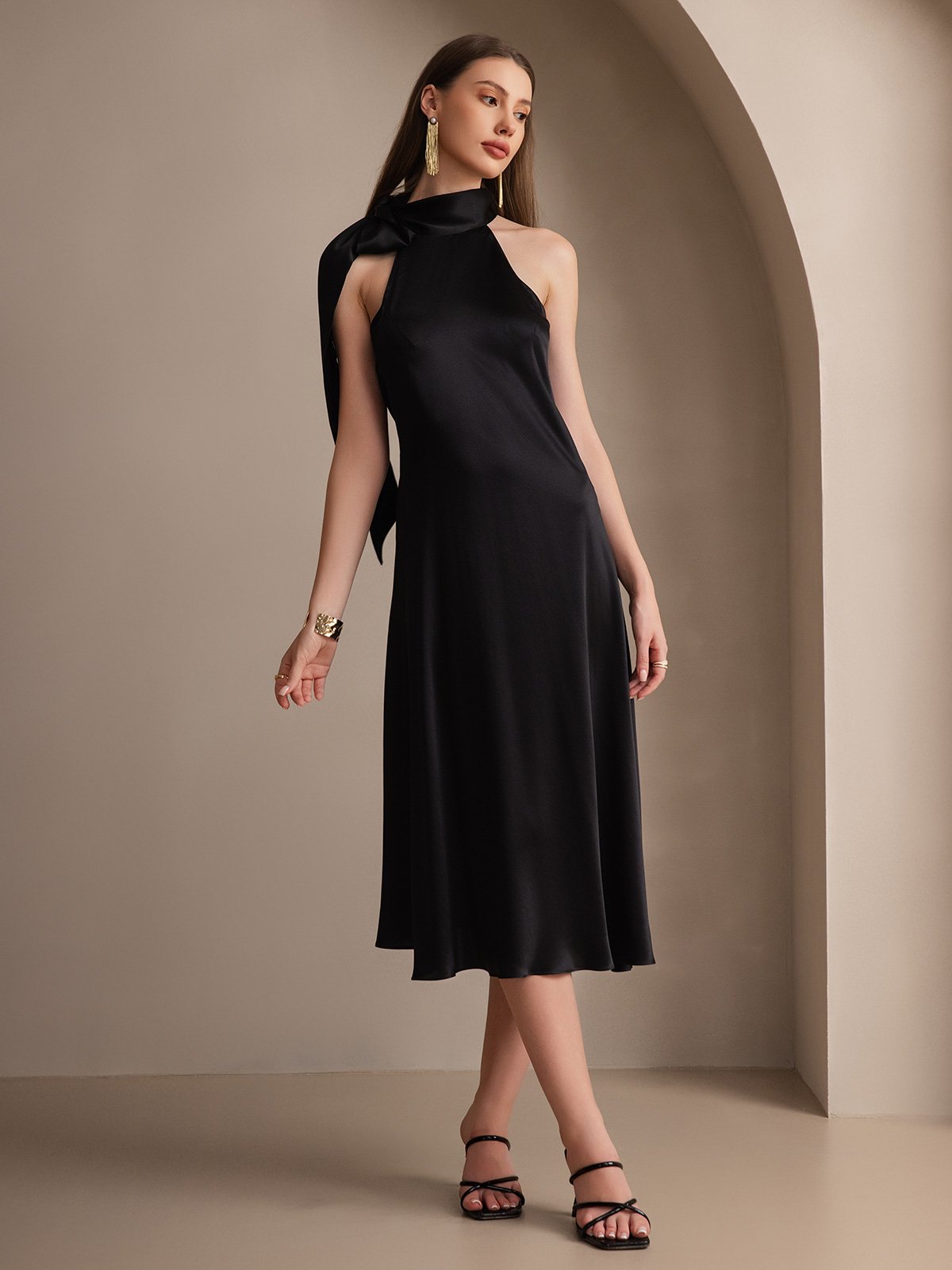 [Black] SilkSilky-UK 19Momme Silk Sleeveless Tie Neck Dress 005