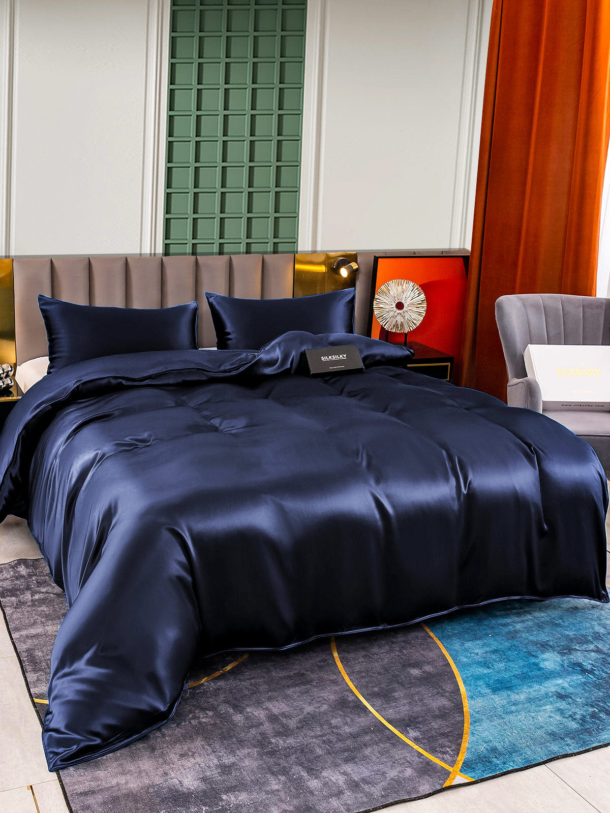 SilkSilky UK 25Momme Pure Silk Bedding Set DarkBlue 004