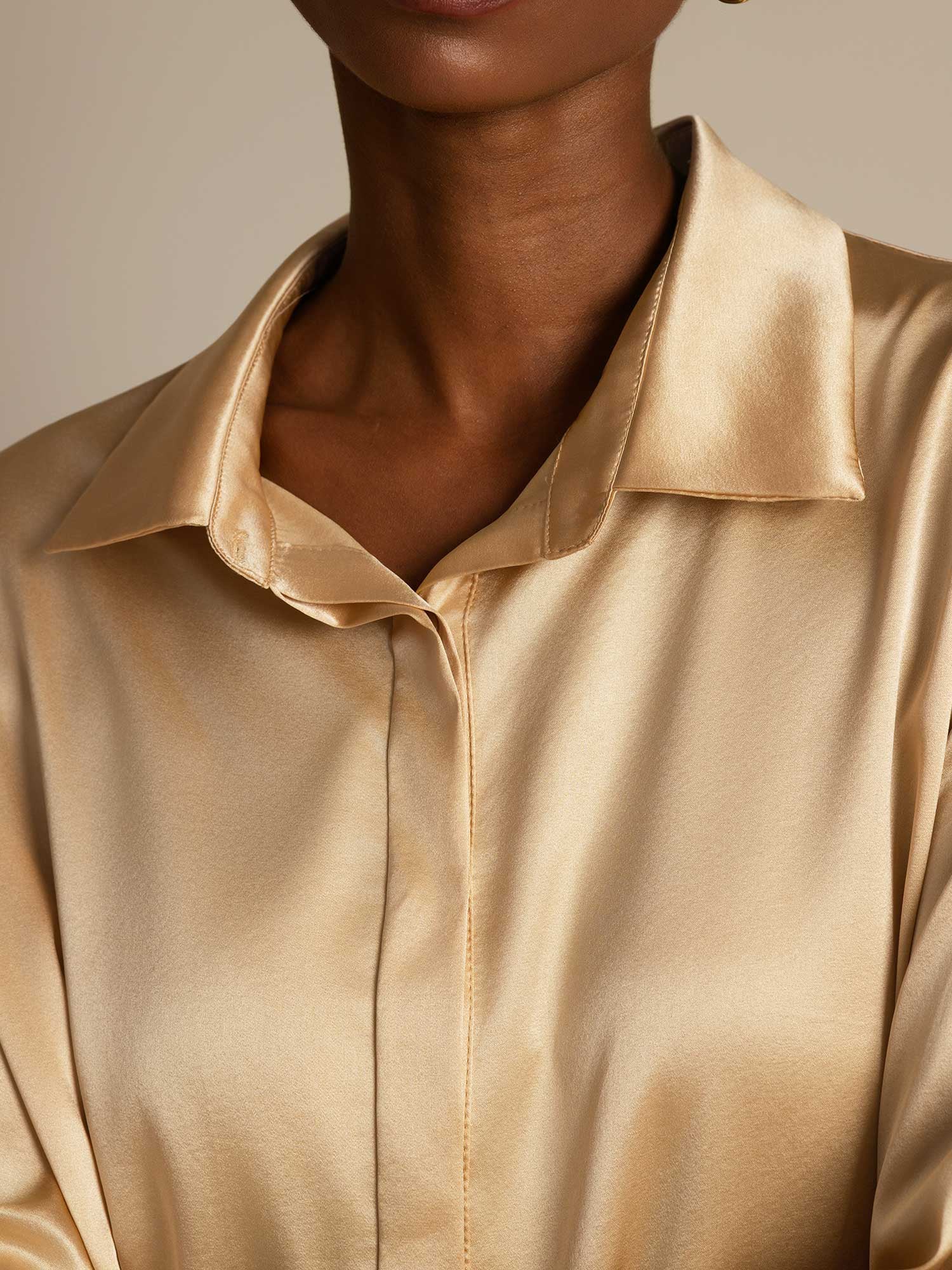 [Champagne] SilkSilky-UK 19Momme Silk Long Sleeve Collar Women's Shirt 006