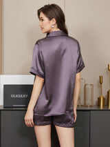[Purple Gray] SilkSilky-UK Short Sleeve Lapel Collar Women's Pyjamas 002