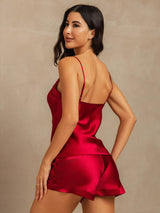 [Wine] SilkSilky-UK Spaghetti Strap V Neck Camisole Set 002