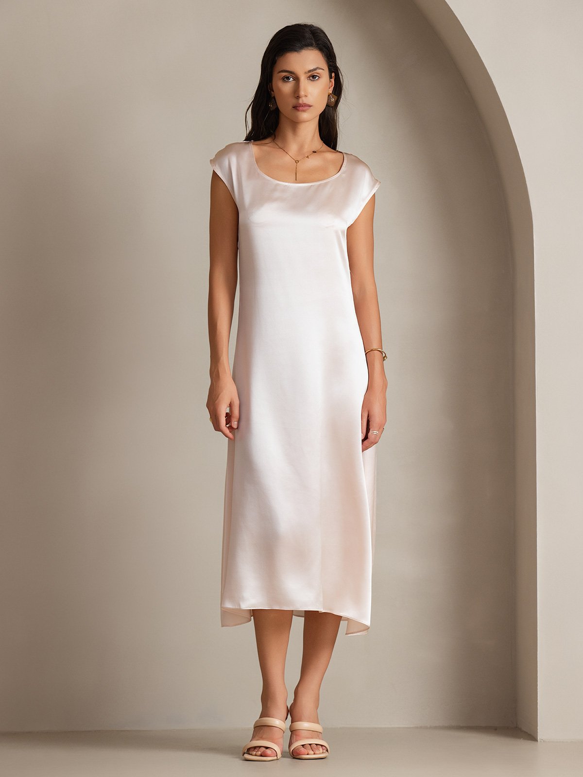 [Pink] SilkSilky-UK 19Momme Silk Cap Sleeve Round Neck Dress 004