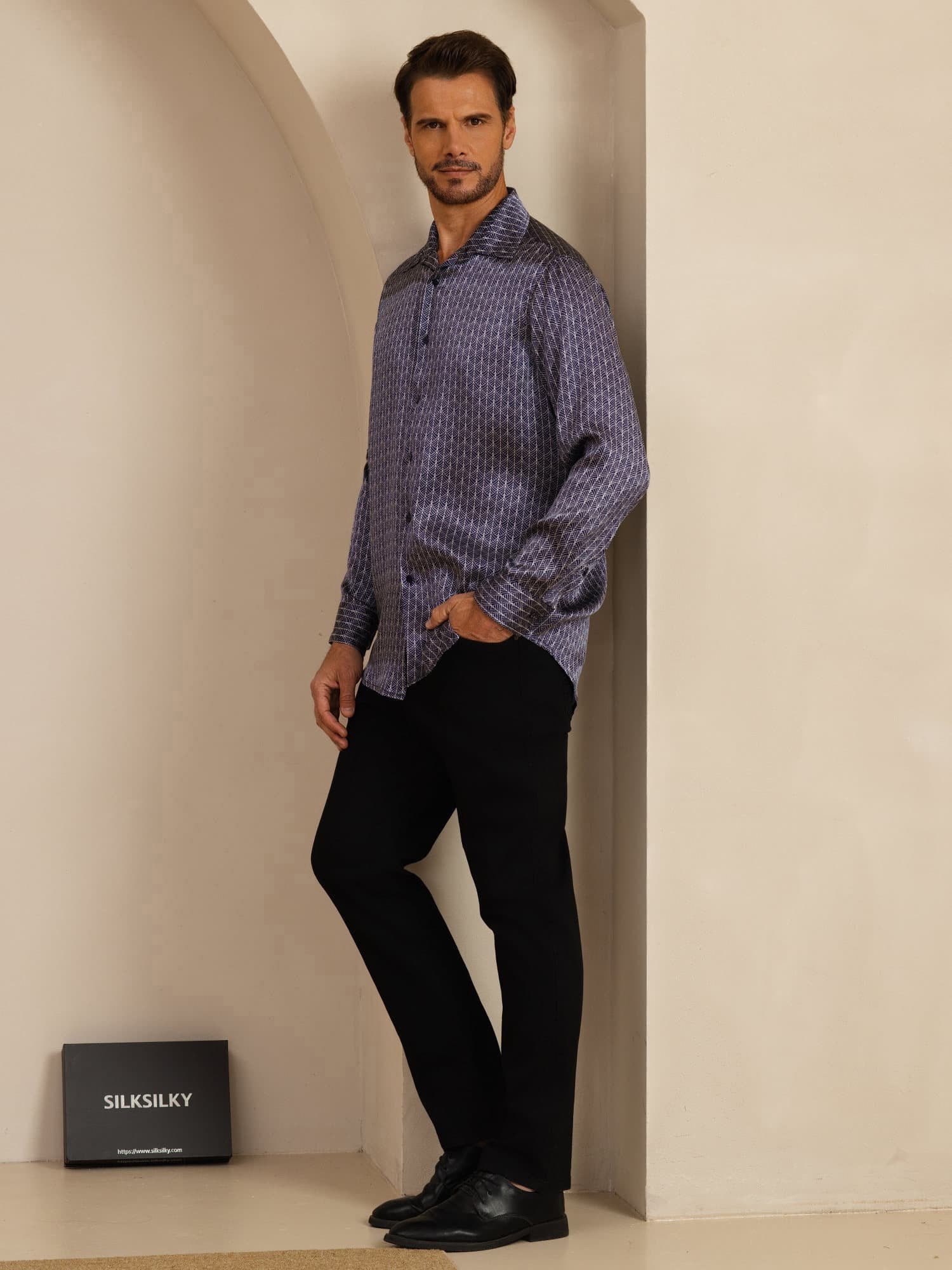 [Navy Ginkgo] SilkSilky-UK Long Sleeve Lapel Collar Men's Shirt 007