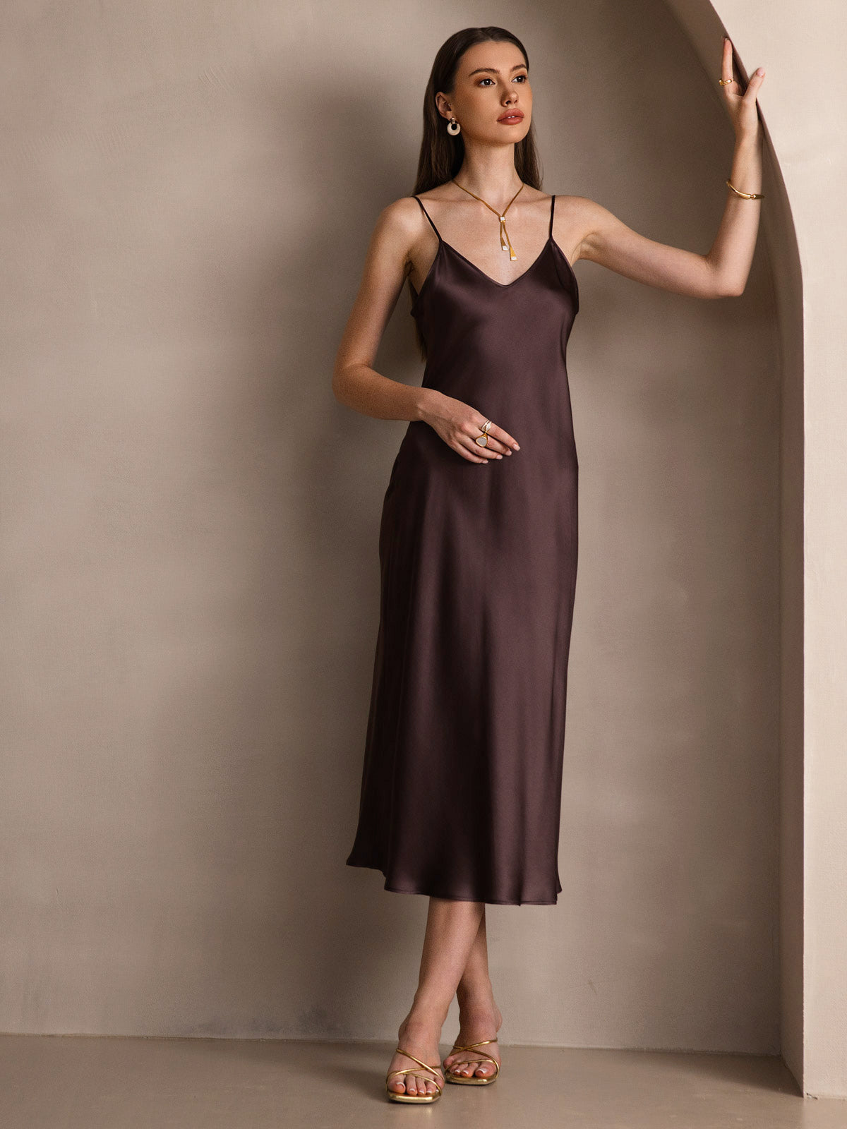 SilkSilky-UK Pure Silk Sleeveless Round Neck Dress Coffee 006