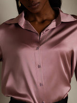 [Pale Mauve] SilkSilky-UK 19Momme Stretch Silk Charmeuse 3/4 Sleeve Lapel Collar Women's Shirt 008
