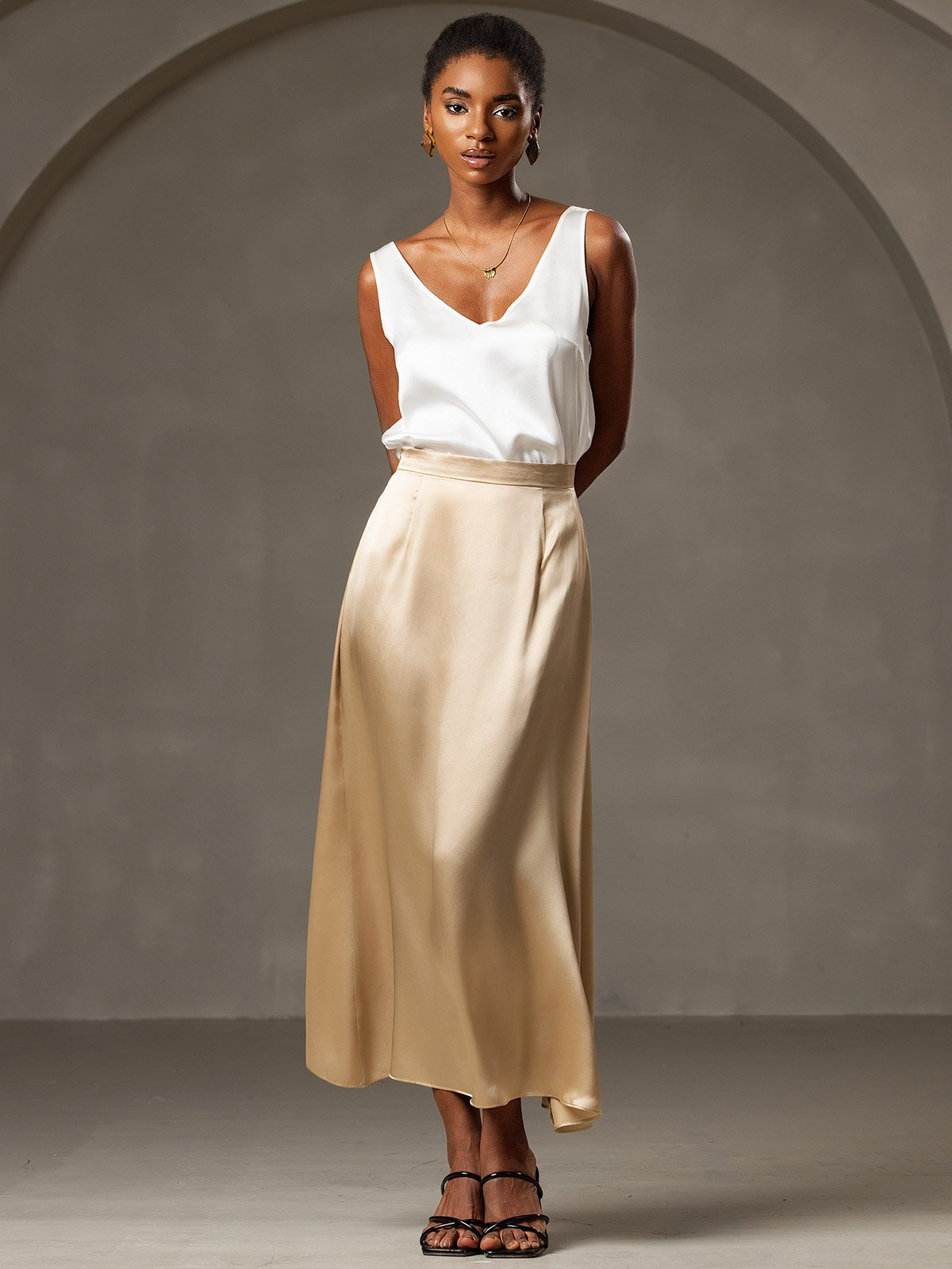 [Champagne] SilkSilky-UK 19Momme Stretch Silk Charmeuse Skirt 001