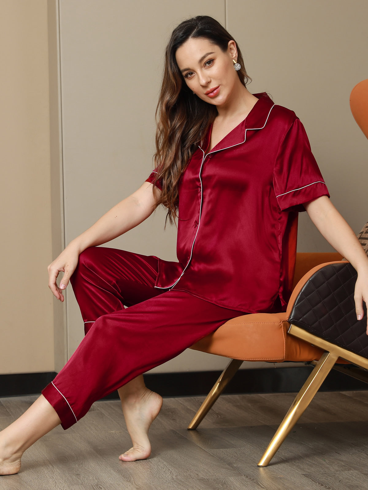 SilkSilky UK Pure Silk Short Sleeve Lapel Women's Pyjamas Wine 003