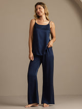 [Dark Blue] SilkSilky-UK 19Momme Machine-Washable Silk Spaghetti Strap Scoop Neck Camisole Set 006