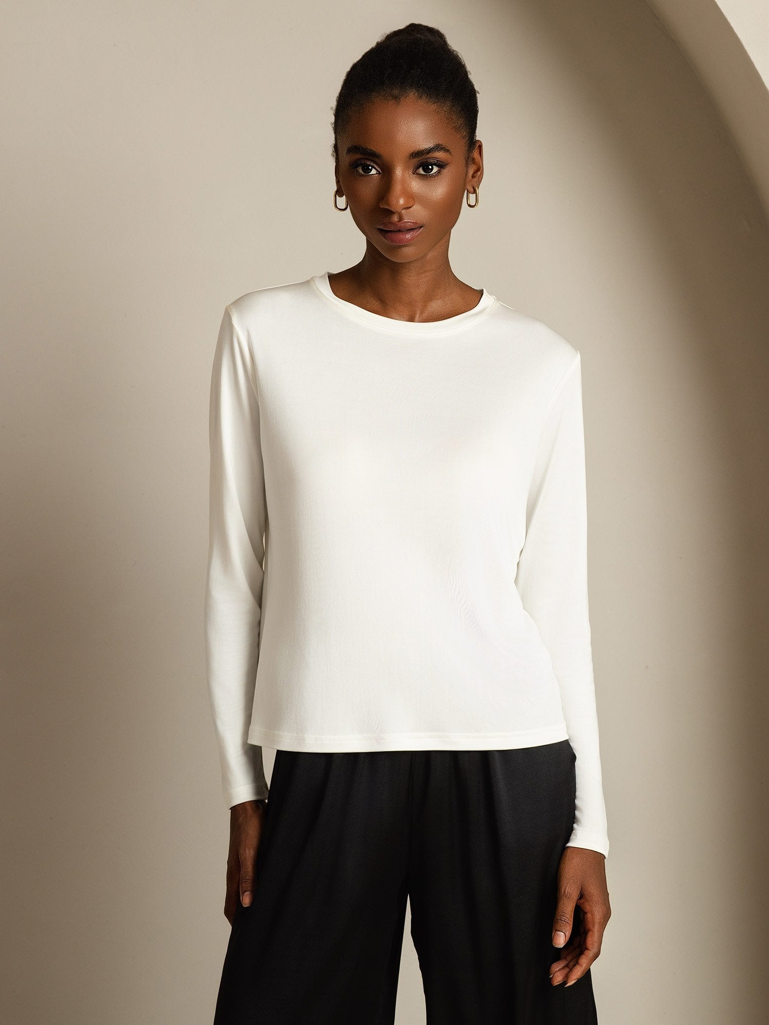 [White] SilkSilky-UK 100% Silk Jersey Long Sleeve Crew Neck Women's T-Shirt 003