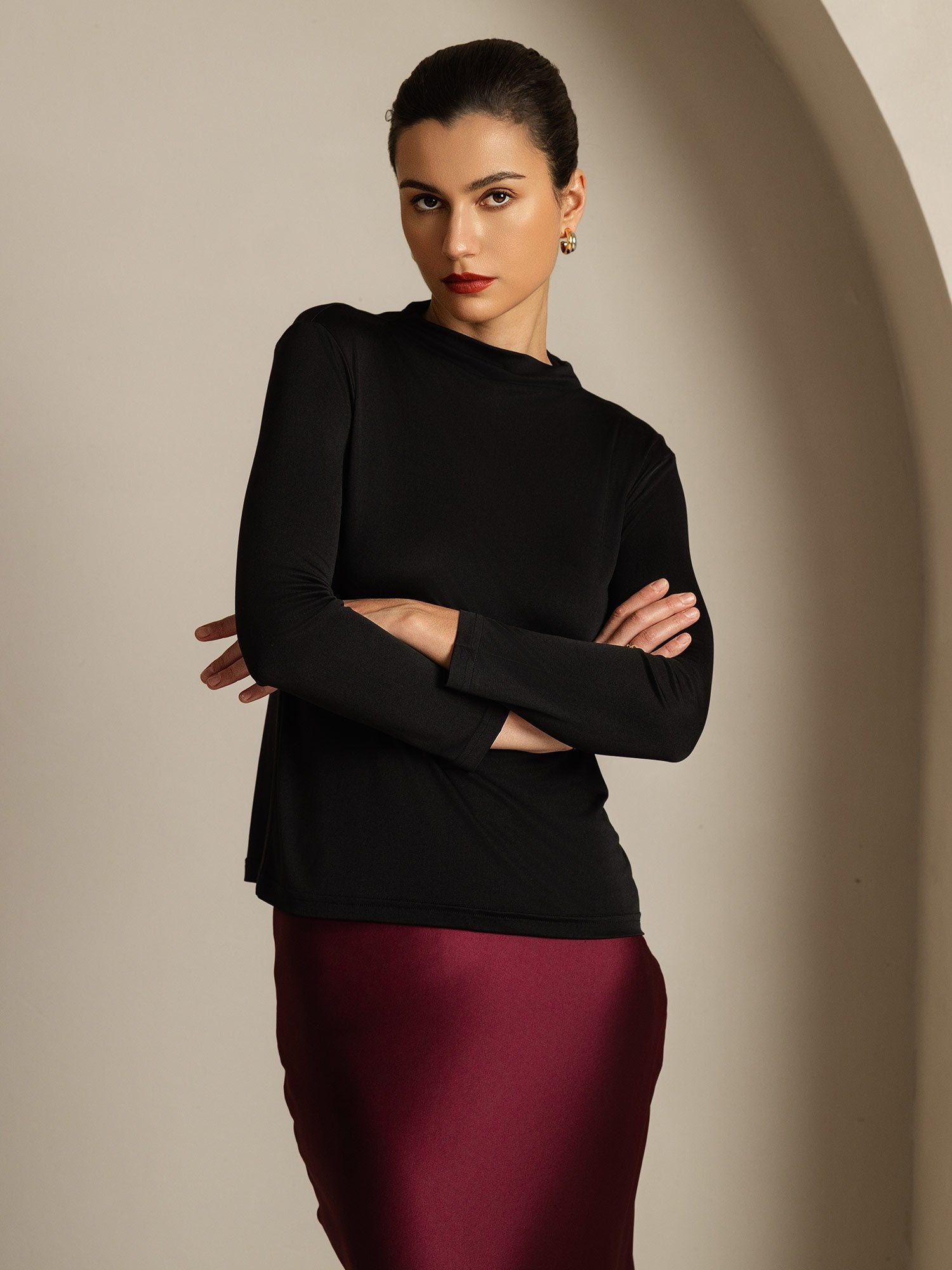 [Black] SilkSilky-UK Pure Silk Mock Women's T-Shirt 003
