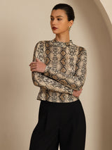[Snakeskin] SilkSilky-UK 100% Silk Jersey Long Sleeve Mock Neck Women's T-Shirt 003