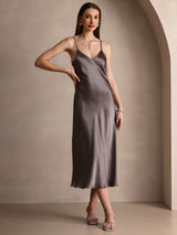 [Dark Khaki] SilkSilky-UK Spaghetti Strap V Neck Dress 005