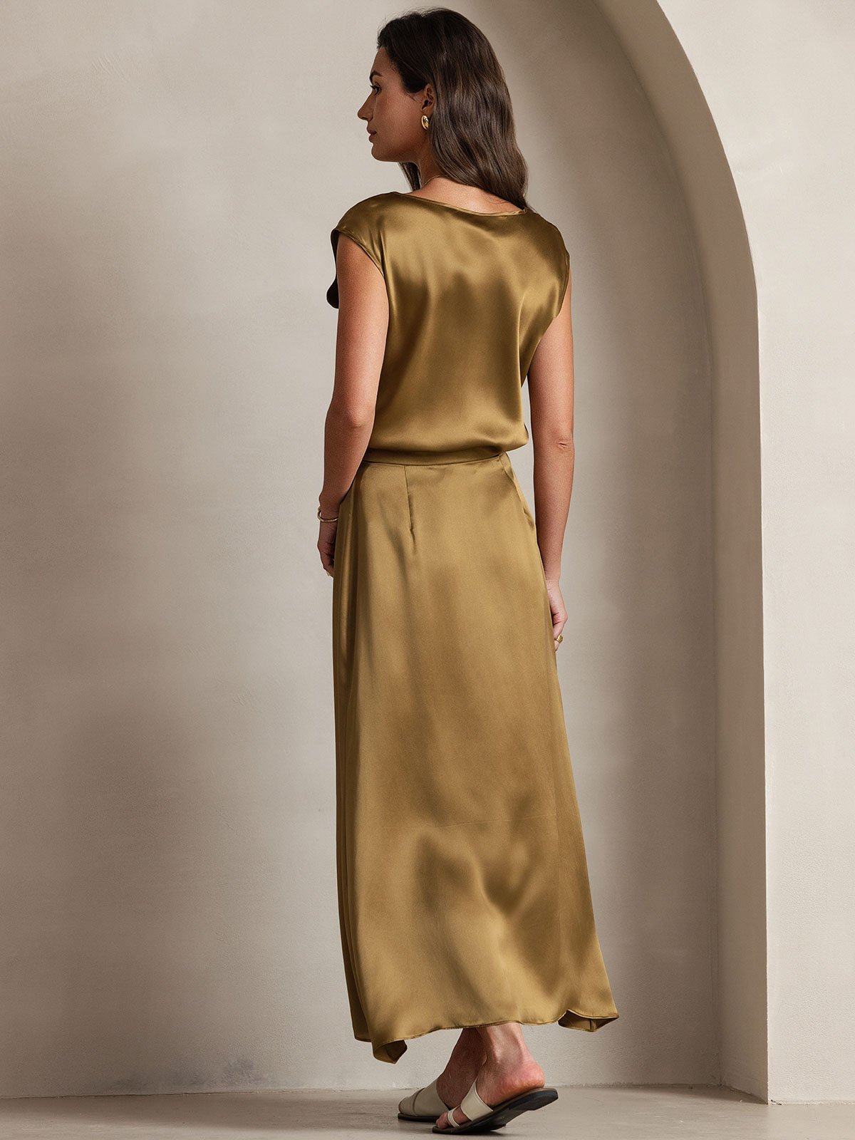 [Brown] SilkSilky-UK 19Momme Stretch Silk Charmeuse Skirt 004