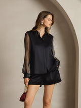 [Black] SilkSilky-UK 19Momme Silk Collar Women's Shirt 003,