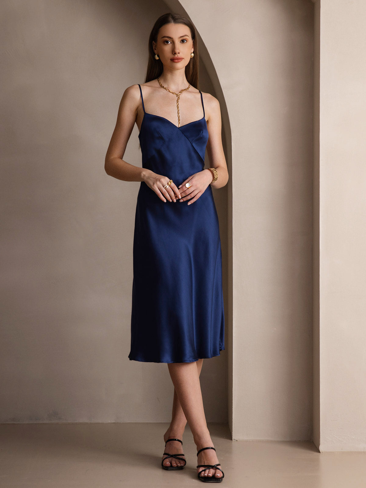 [Dark Blue] SilkSilky-UK 19Momme Pure Silk V Neck Dress 005