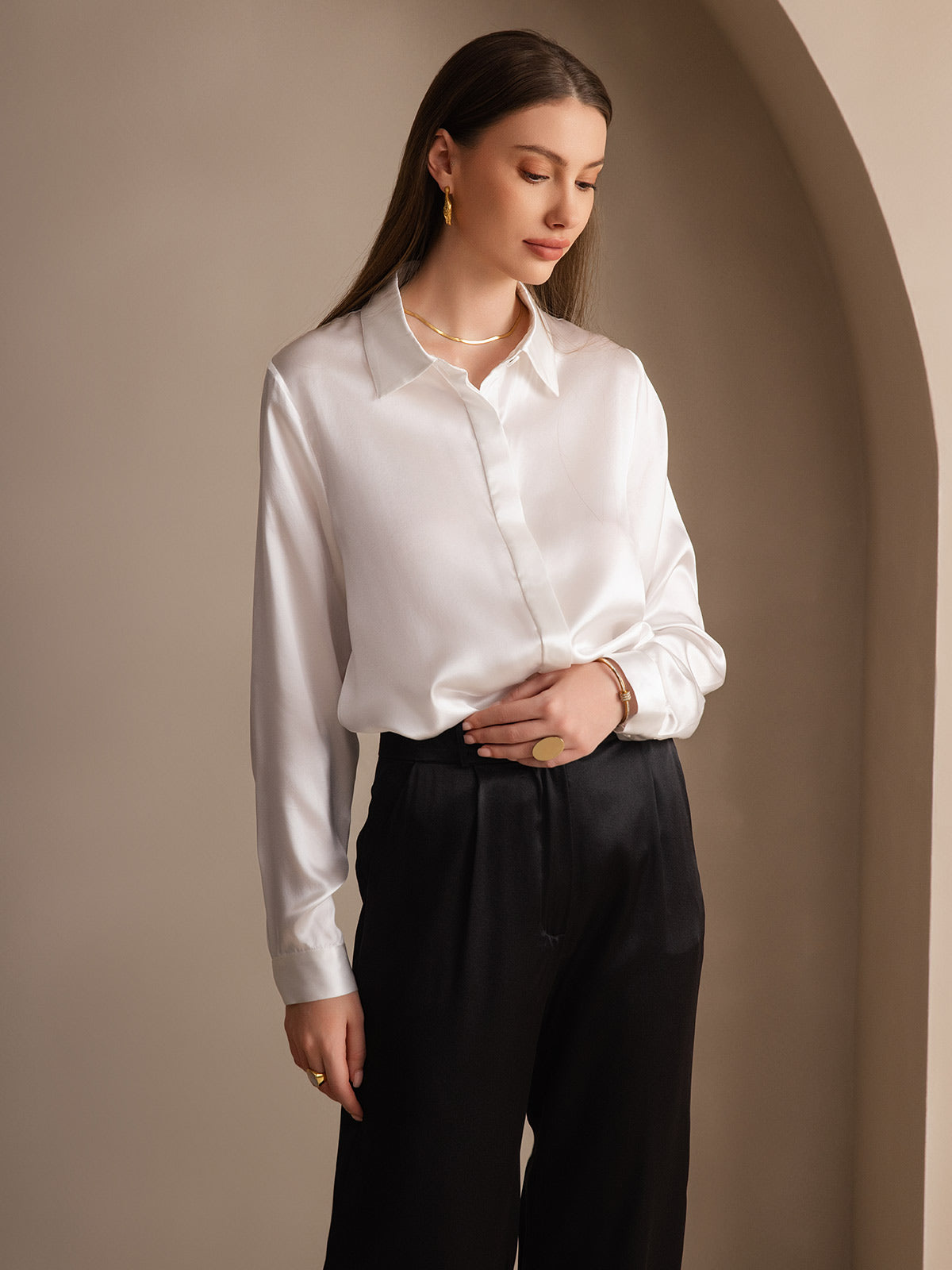 [White] SilkSilky-UK 19Momme Silk Collar Women's Shirt 006