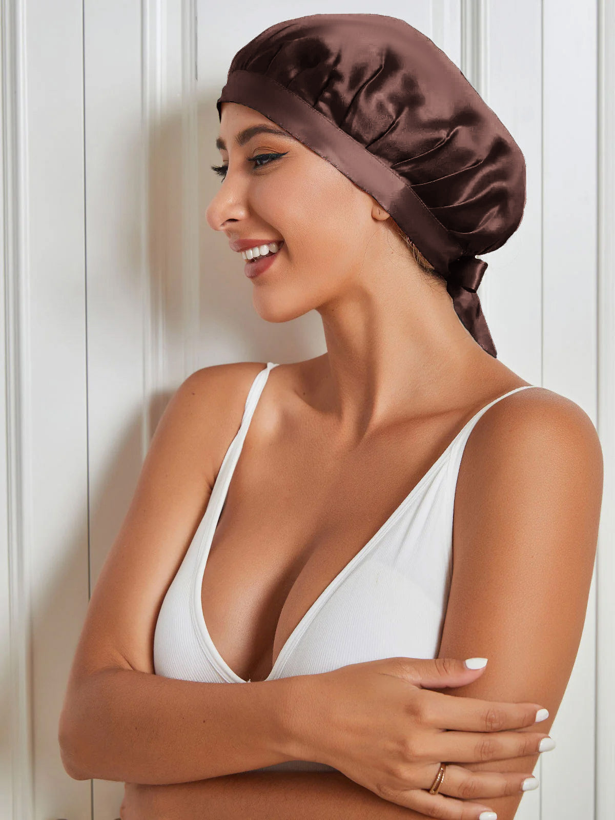 SilkSilky-UK Pure Silk Sleep Cap Coffee 001