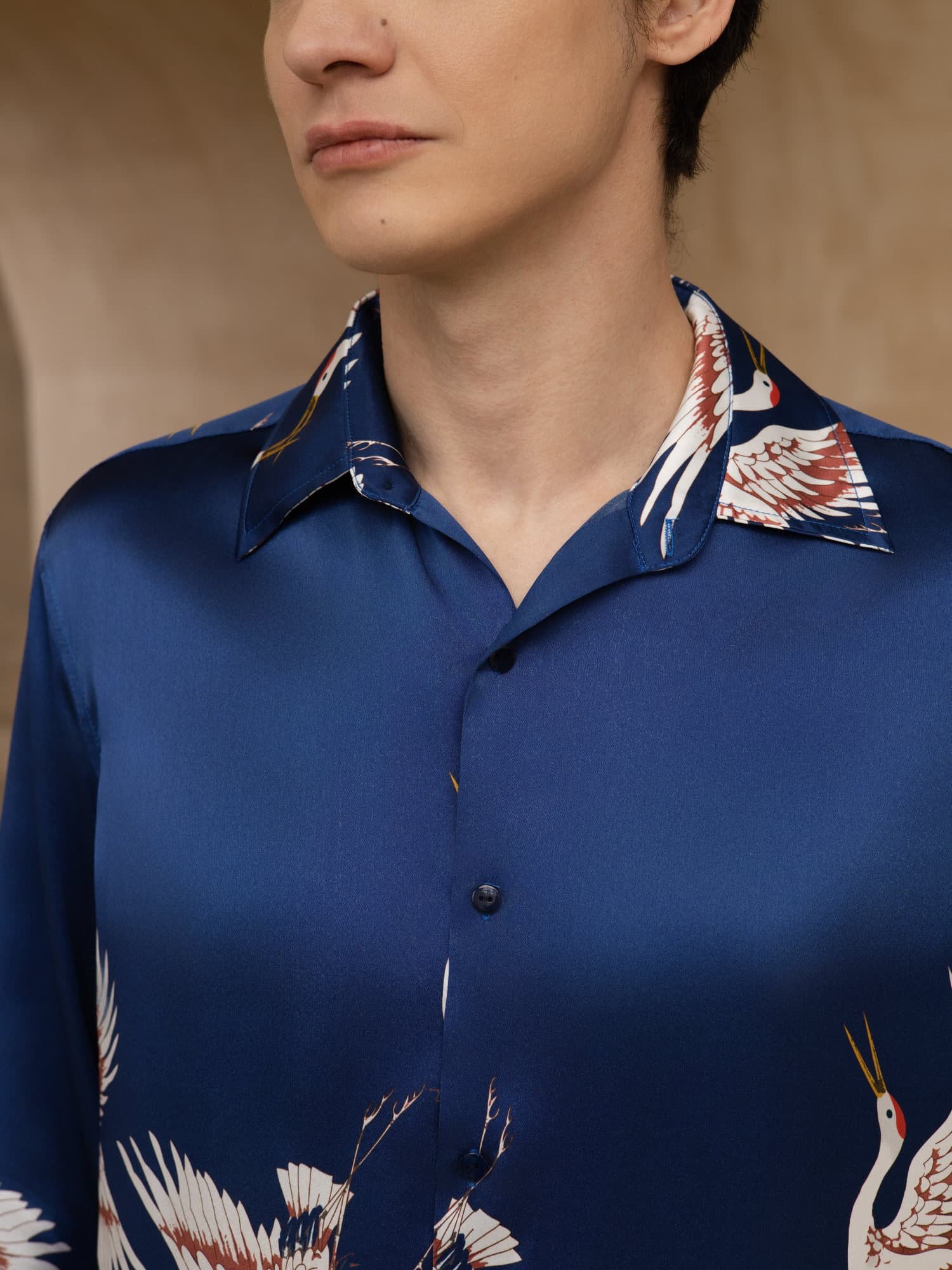 [Dark Blue] SilkSilky-UK 19Momme Long Sleeve Lapel Collar Men's Shirt 006