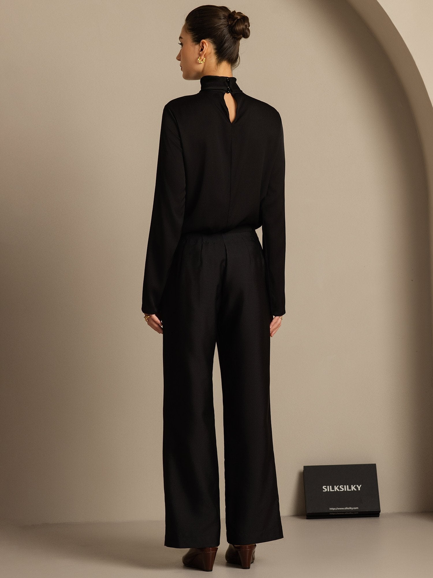 [Black] SilkSilky-UK 32Momme Silk-Wool Blend Womens Pants 002,