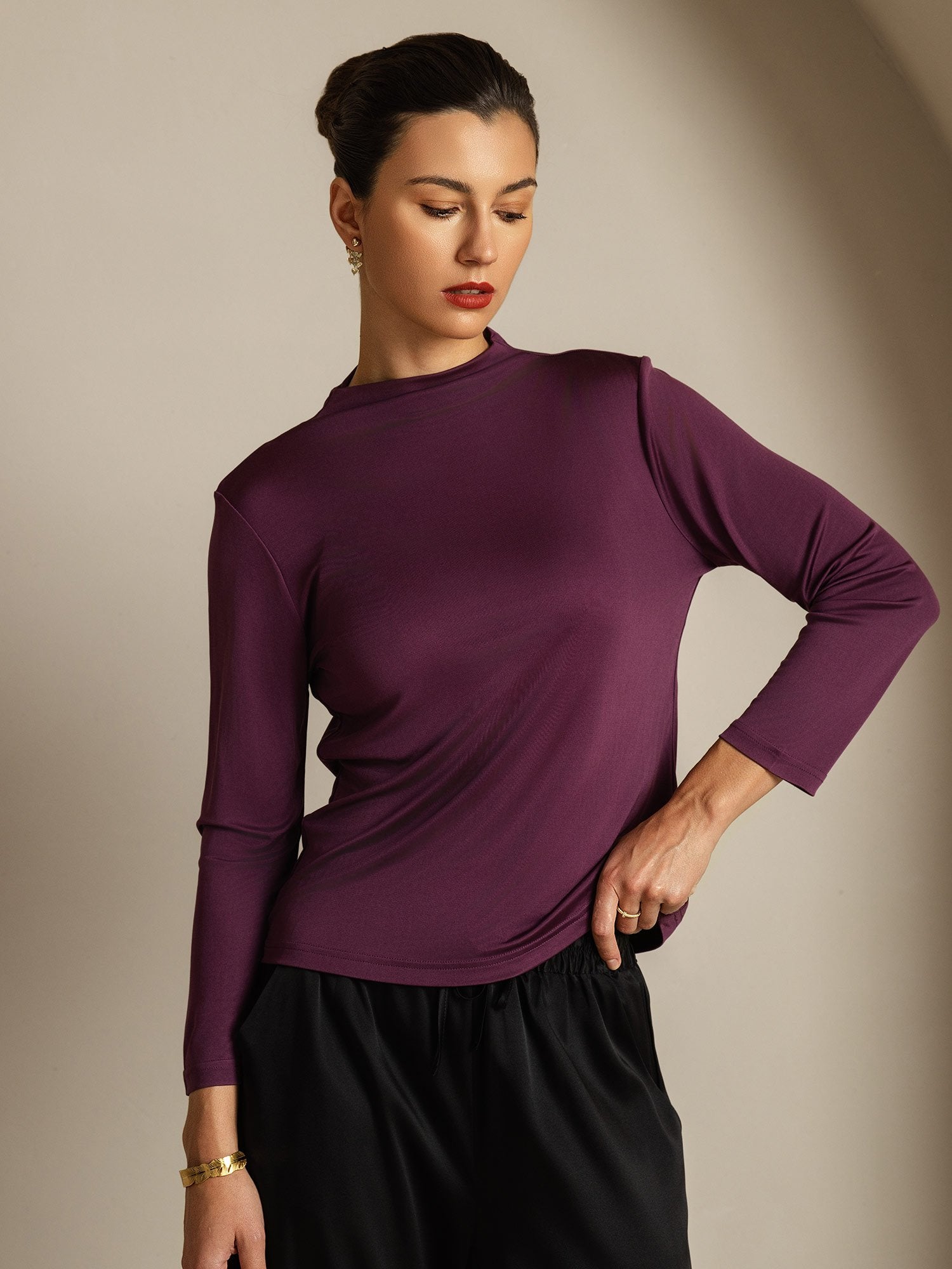 [Purple] SilkSilky-UK Pure Silk Mock Women's T-Shirt 003