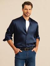 [Dark Blue] SilkSilky-UK Long Sleeve Stand Collar Men''s Shirt 001