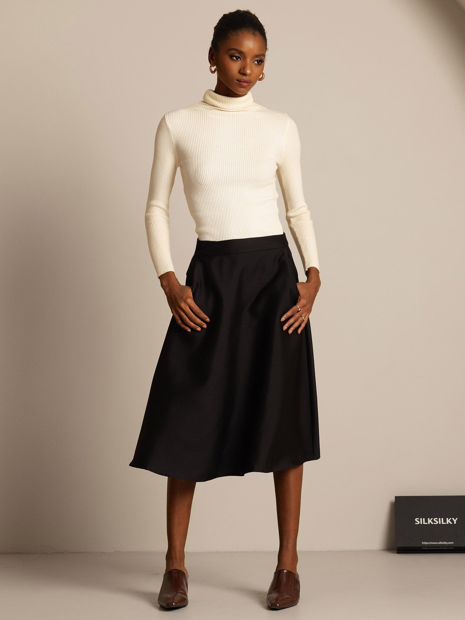 [Black] SilkSilky-UK 32Momme Silk-Wool Blend Skirt 007,