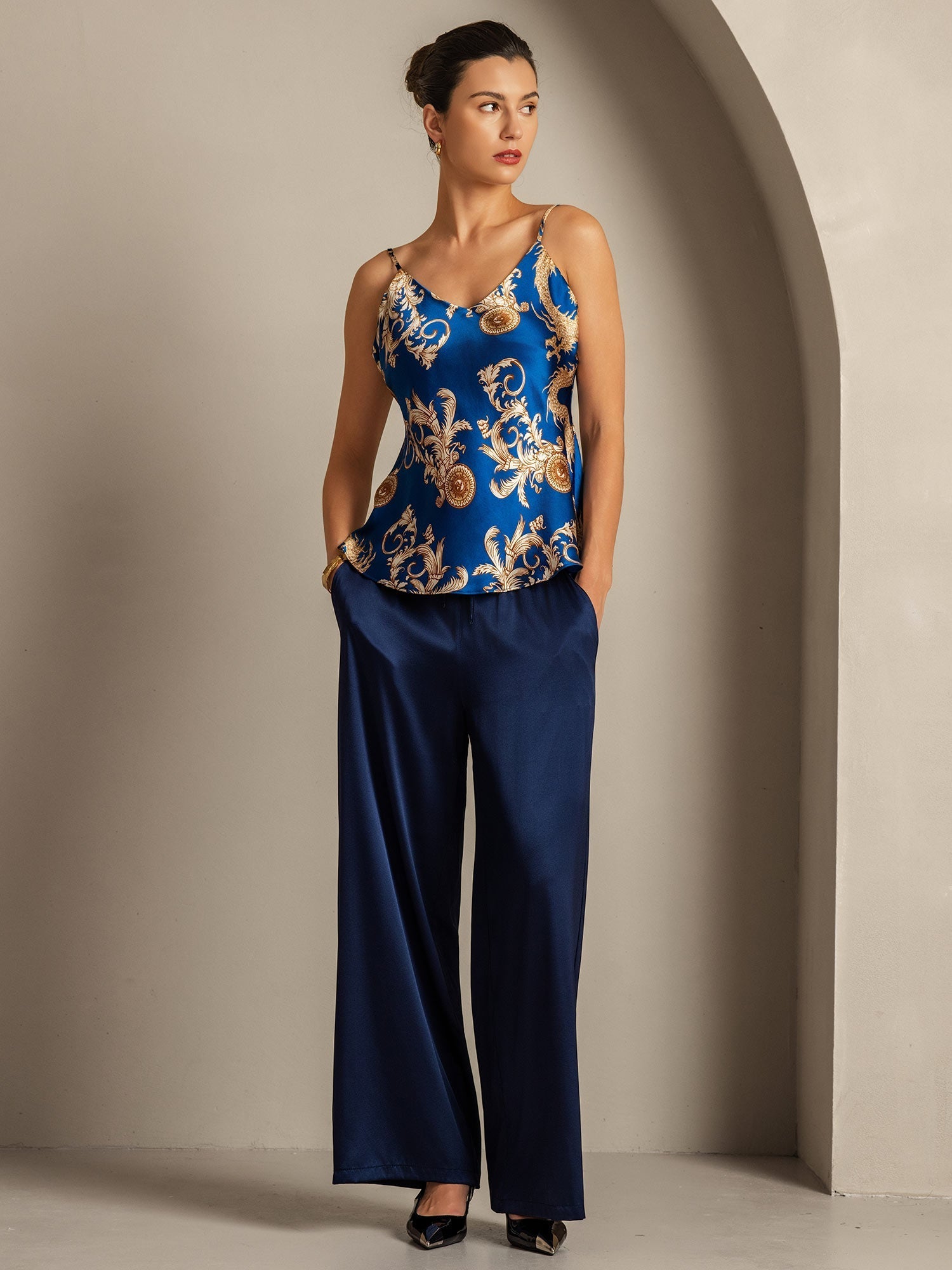 [Navy Dragon] SilkSilky-UK Pure Silk V Neck Camisole 008