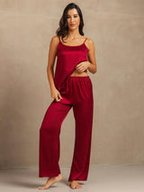 [Wine] SilkSilky-UK 19Momme Machine-Washable Silk Spaghetti Strap Scoop Neck Camisole Set 005