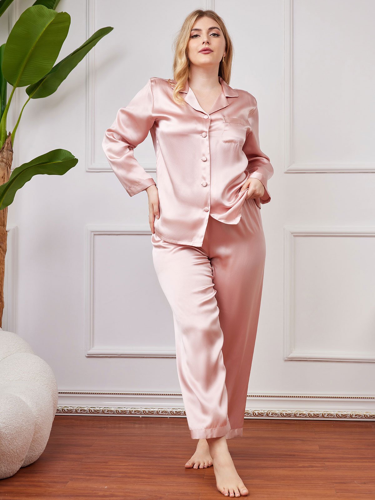 SilkSilky UK Pure Silk Long Sleeve Lapel Plus Size Pyjamas Pink 004